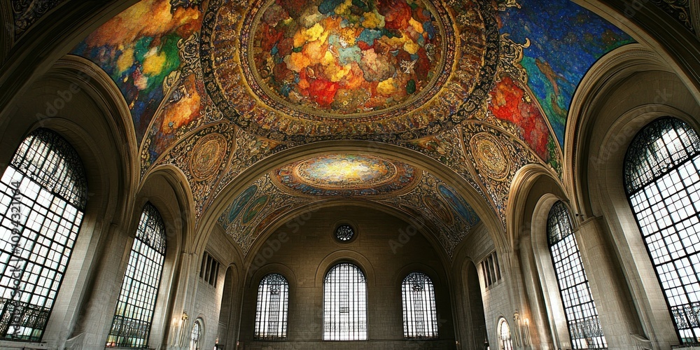 Fototapeta premium A grand interior featuring a beautifully painted ceiling and large windows.