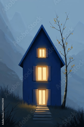 Cozy blue house illuminated at dusk beside a solitary tree in a mountain landscape