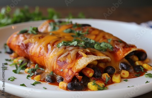 Vegetarian enchilada pie layered with tortillas, sauce, pinto beans, corn, zucchini and mexican blend cheese.