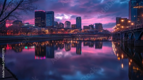City Skyline Reflected in a Still River at Twilight