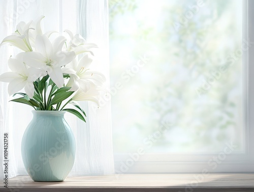 Fresh White Lilies in a Ceramic Vase Cozy Home Interior Decorative Art Bright Natural Light Serene Ambiance