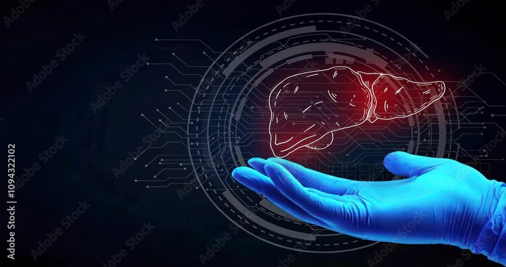 Hand in blue glove holding glowing lineout liver with a digital hologram on dark background, emphasizes liver disease and digestive health concepts
