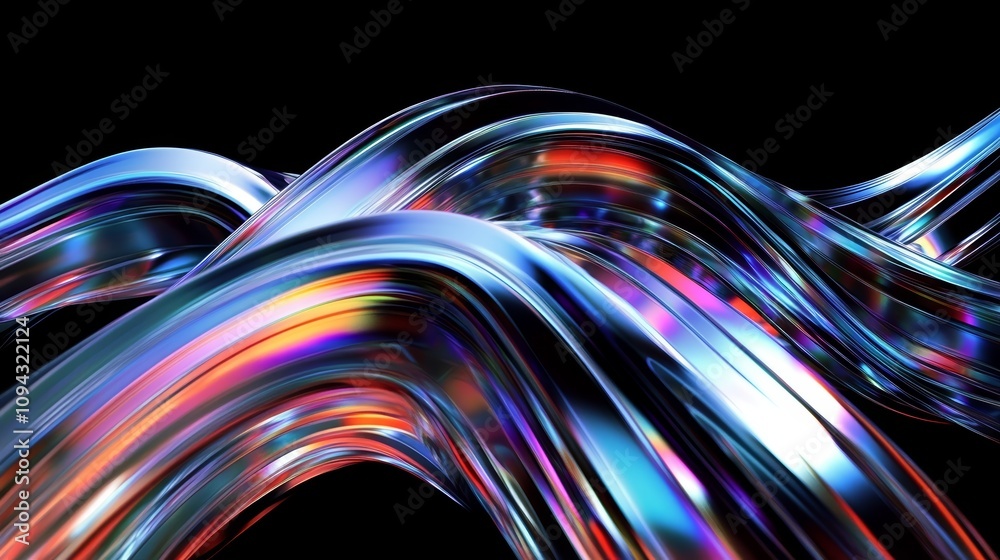 Abstract 3D Rendering of Metallic Ribbons with Shiny Reflective Surface on Black Background Abstract 3D Rendering of Metallic Ribbons with Shiny Reflective Surface on Black Background