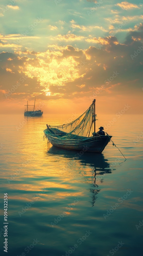 The profile of a fishing boat drifting on a glassy sea, under a sky transitioning from day to night, with the last rays of the sun highlighting the boat's outline against the colorful backdrop.
The profile of a fishing boat drifting on a glassy sea, under a sky transitioning from day to night, with the last rays of the sun highlighting the boat's outline against the colorful backdrop.