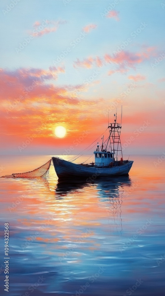 The profile of a fishing boat drifting on a glassy sea, under a sky transitioning from day to night, with the last rays of the sun highlighting the boat's outline against the colorful backdrop.
The profile of a fishing boat drifting on a glassy sea, under a sky transitioning from day to night, with the last rays of the sun highlighting the boat's outline against the colorful backdrop.