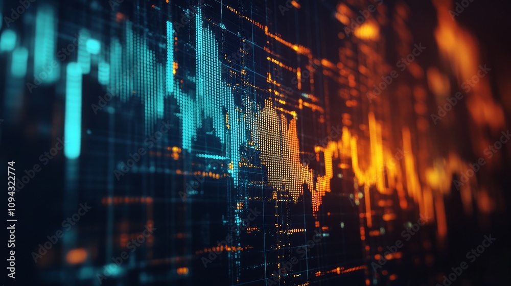 Obraz premium Abstract financial data visualization with blue and orange lines on a dark background.