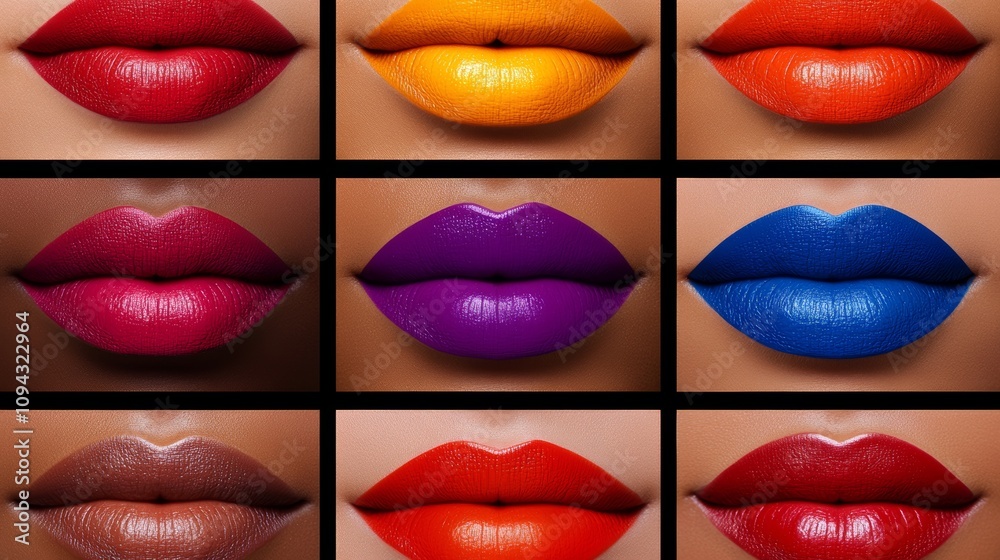 Obraz premium Row of lips with different colored lipsticks. The lips are shown in various shades of red, purple, blue, and yellow. Concept of diversity and individuality, as each person's lips are unique