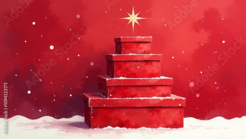 symmetrical arrangement of red boxes with a golden star on top, capturing the spirit of Christmas in a sleek style