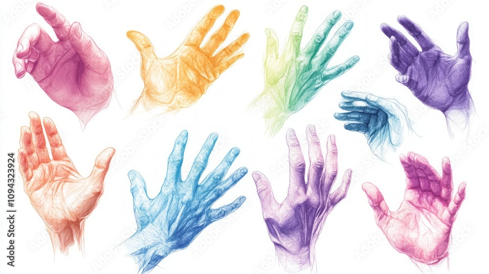 Fototapeta premium Colorful pastel hand drawings, various poses and gestures, anatomical details.