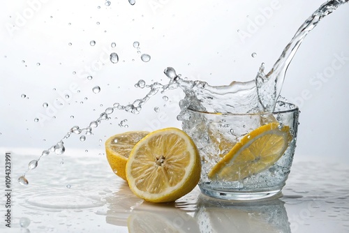 Water splashing out of a sliced lemon in a glass container, splash, container, lemon, slice