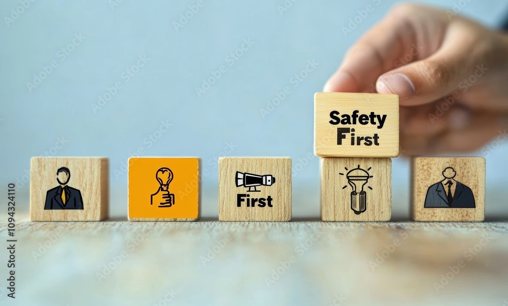Workplace Safety and Communication with Wooden Blocks and Sign Emphasizing Teamwork and Leadership Workplace Safety and Communication with Wooden Blocks and Sign Emphasizing Teamwork and Leadership