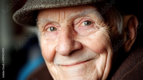 Elderly person with a wise, knowing smile, showing years of life experience