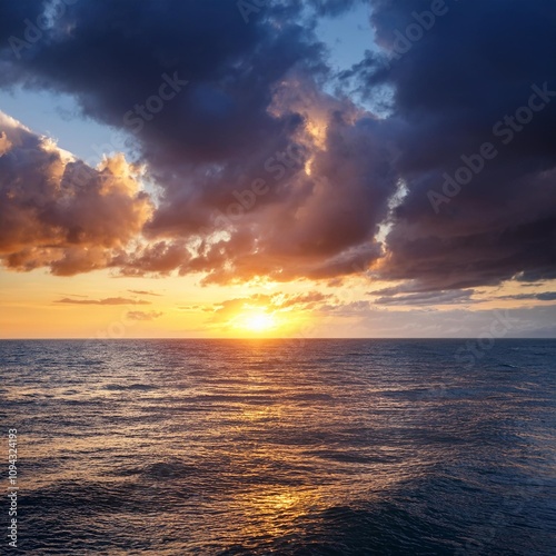 Dramatic Sunset Over Serene Ocean Horizon with Vibrant Sky and Stormy Clouds