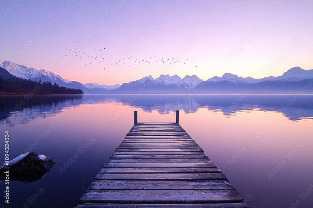 Fototapeta premium Serene Lake at Dusk with Dock and Mountain Reflection