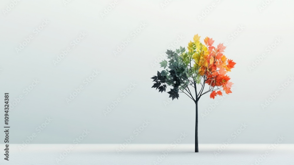 Obraz premium A single tree with leaves of various shapes and colors, standing tall against a minimal backdrop, symbolizing the strength and beauty of diversity within a unified community