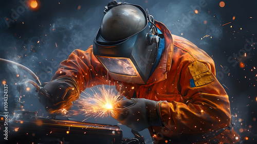 worker while doing a welding with arc welder welding or welding Sparks for background, Backdrop and manufacturing.