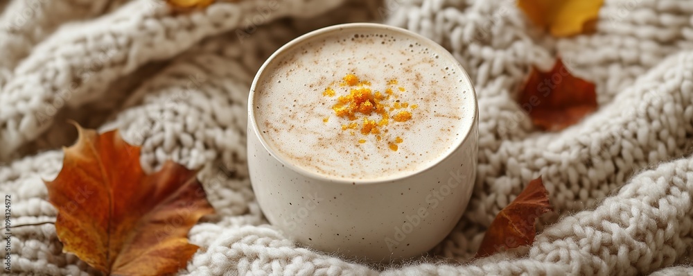 Cozy autumn beverage in cup with warm sweater and leaves Cozy autumn beverage in cup with warm sweater and leaves