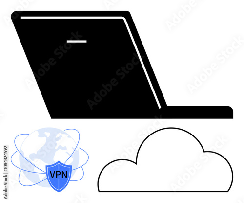 Laptop, VPN shield, and cloud icon. Ideal for cybersecurity, remote work, internet privacy, cloud computing, data protection online activities IT services. Line metaphor