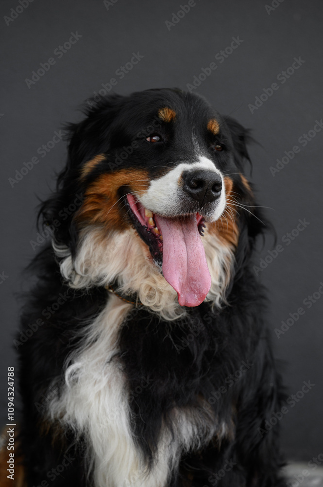 Portrait of Bernese Mountain Dog with open mouth and tongue hanging out on black background. Cute pets concept, adoptable pet, purebred dogs. Vertical. Portrait of Bernese Mountain Dog with open mouth and tongue hanging out on black background. Cute pets concept, adoptable pet, purebred dogs. Vertical.