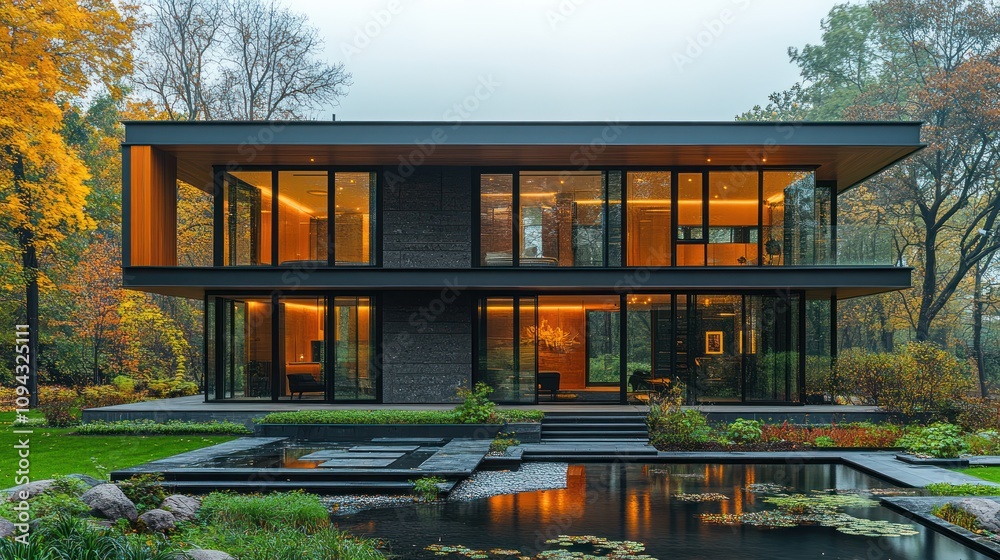 Modern Glass House by the Pond in Autumn Modern Glass House by the Pond in Autumn