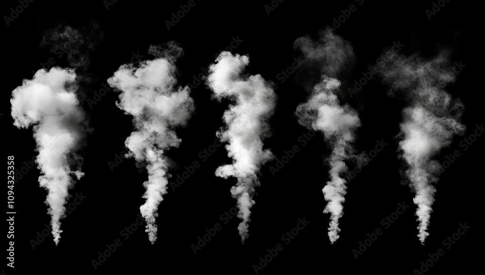 Black and White Smoke Puffs Isolated on Black Background Realistic Smoke Effect
