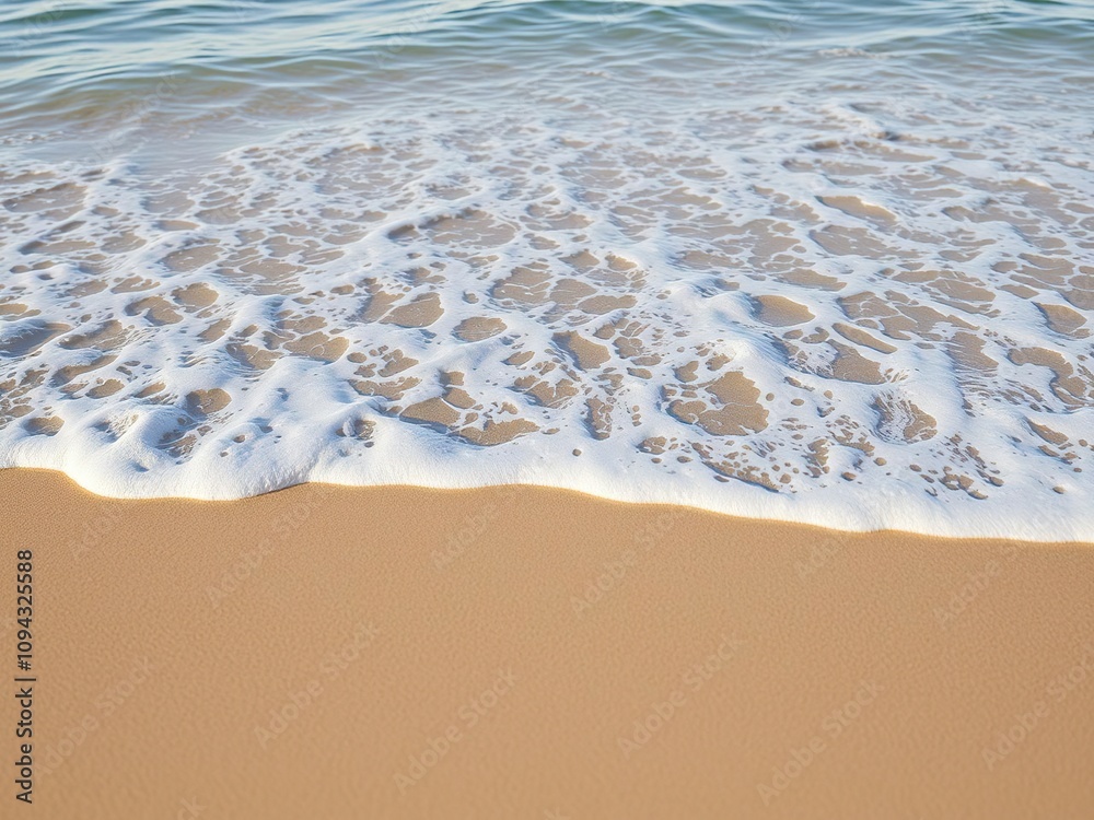 A beach scene features a gentle wave washing over the shore, coastal scene, gentle waves