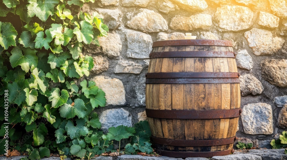 Rustic Wooden Wine Barrel Against Stone Wall with Vines Rustic Wooden Wine Barrel Against Stone Wall with Vines