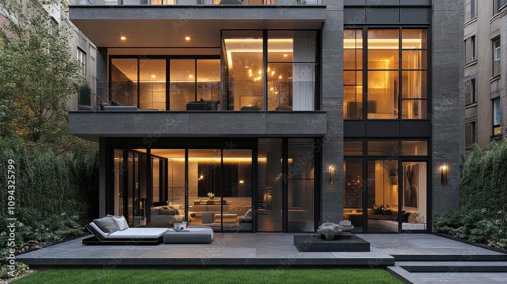 Modern Luxury Townhouse: Evening Exterior with Illuminated Interior Modern Luxury Townhouse: Evening Exterior with Illuminated Interior
