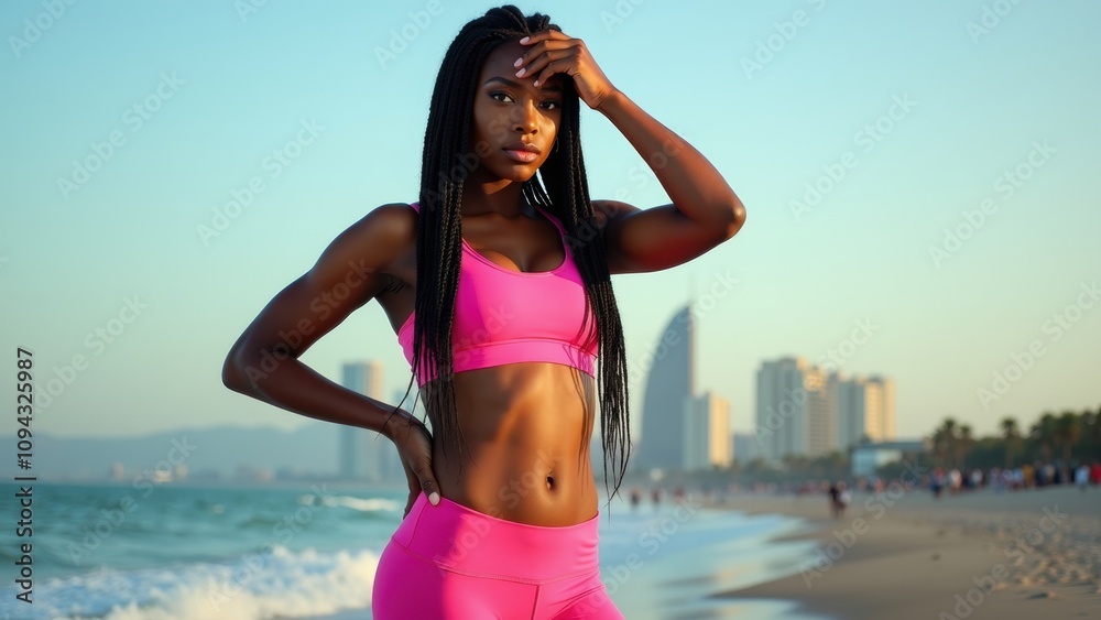 A Young Woman Poses on a Beachfront at Sunset, Showcasing Her Athletic Physique Against a City Skyline