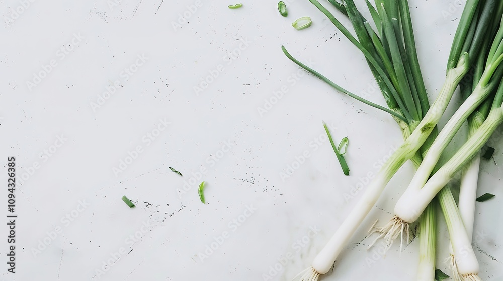 Green Scallions on a White Background - a fresh and minimal visual. The vibrant green scallions pop against the clean white backdrop, creating a crisp and natural look.