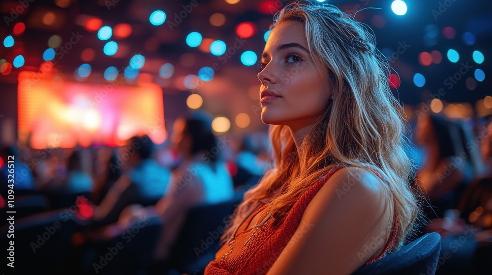Young woman enjoys vibrant atmosphere at a lively event in a colorful venue during the evening Young woman enjoys vibrant atmosphere at a lively event in a colorful venue during the evening