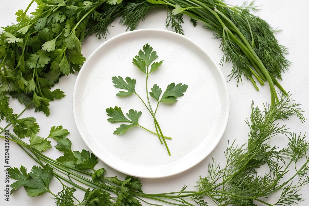 Fresh parsley and dill arranged in a decorative pattern on a burger plate, kitchen creativity, colorful presentation Fresh parsley and dill arranged in a decorative pattern on a burger plate, kitchen creativity, colorful presentation