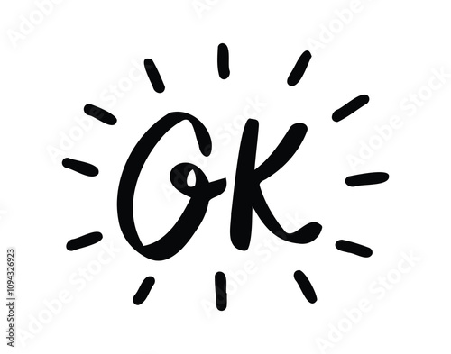 Ok comic doodle lettering flash effects. Shining hand drawn OK onomatopoeia. Okey okay decorative word cartoon icon