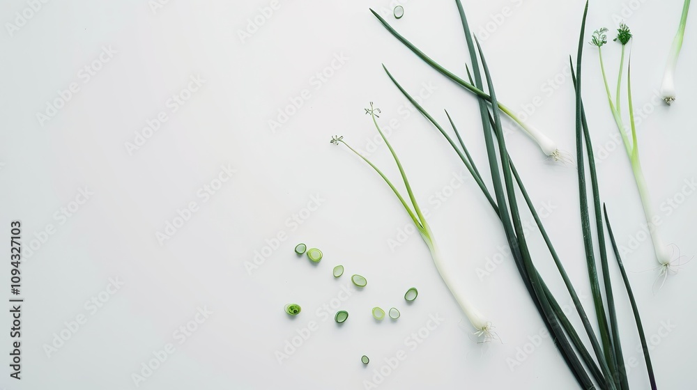 Green Scallions on a White Background - a fresh and minimal visual. The vibrant green scallions pop against the clean white backdrop, creating a crisp and natural look. Green Scallions on a White Background - a fresh and minimal visual. The vibrant green scallions pop against the clean white backdrop, creating a crisp and natural look.
