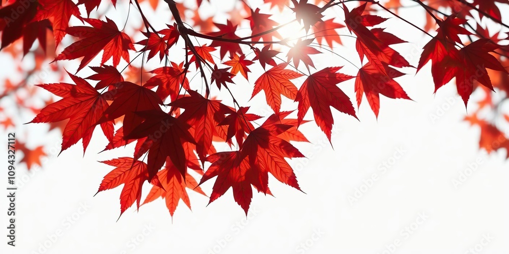 A branch of red maple leaves hanging from a tree against a bright white background with gentle sunlight filtering through the branches, color palette, autumn, deciduous tree A branch of red maple leaves hanging from a tree against a bright white background with gentle sunlight filtering through the branches, color palette, autumn, deciduous tree