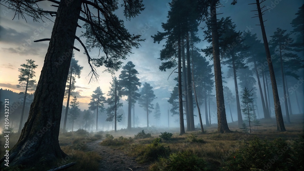 Ominous forest at dusk with mist and trees, dense foliage, eerie environment, outdoor scene Ominous forest at dusk with mist and trees, dense foliage, eerie environment, outdoor scene