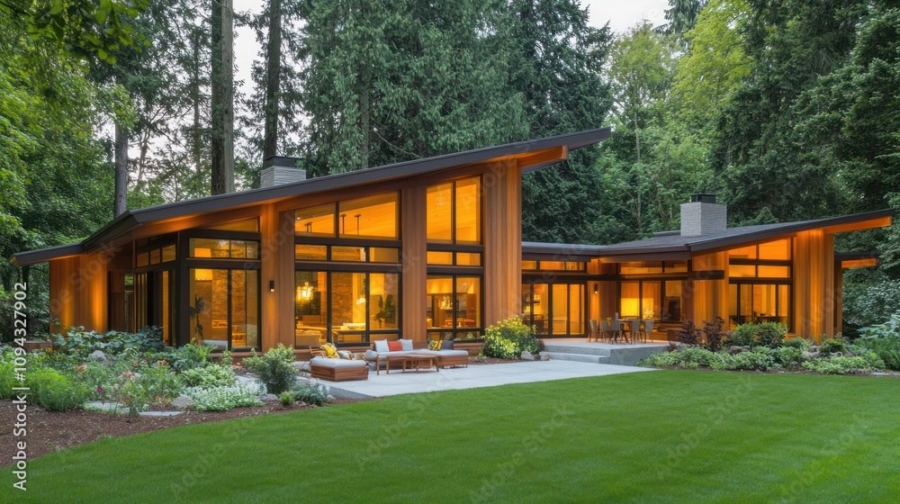 Luxury Modern Home nestled in Lush Forest at Dusk Luxury Modern Home nestled in Lush Forest at Dusk