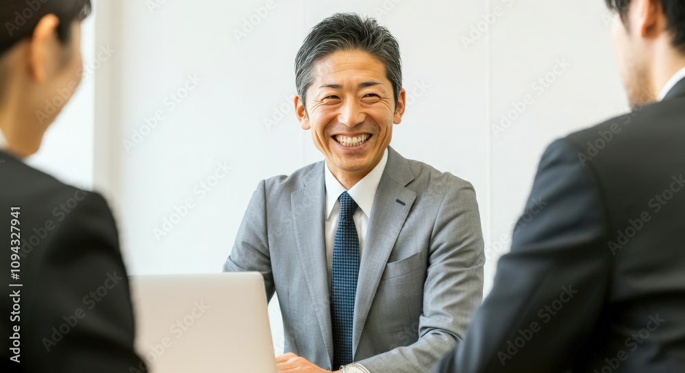 A middle-aged male employee negotiating with a client smiling A middle-aged male employee negotiating with a client smiling