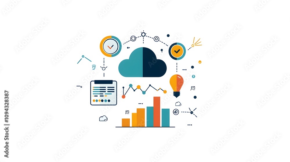 Data management visualization with interconnected cloud icons, vibrant lines, and a digital background. Data management visualization with interconnected cloud icons, vibrant lines, and a digital background.