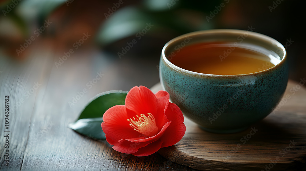 small ceramic cup filled with tea, placed on an old wooden table. Next to it is a red camellia flower small ceramic cup filled with tea, placed on an old wooden table. Next to it is a red camellia flower