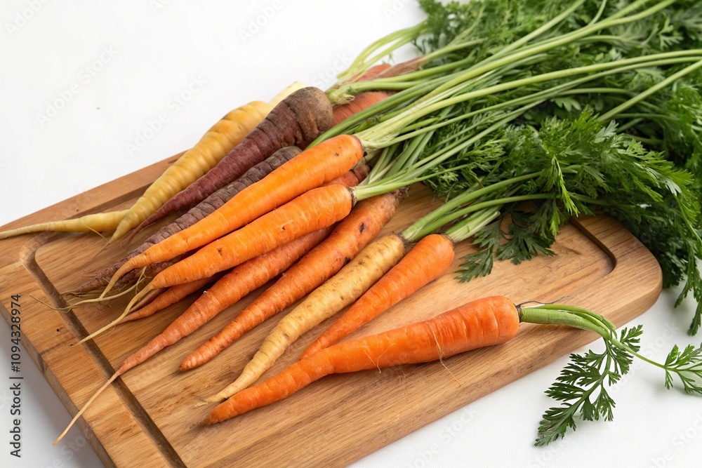 A cluster of fresh carrots with varying shades of orange on a wooden cutting board, vegetables, snack time, vibrant colors, fresh carrots A cluster of fresh carrots with varying shades of orange on a wooden cutting board, vegetables, snack time, vibrant colors, fresh carrots