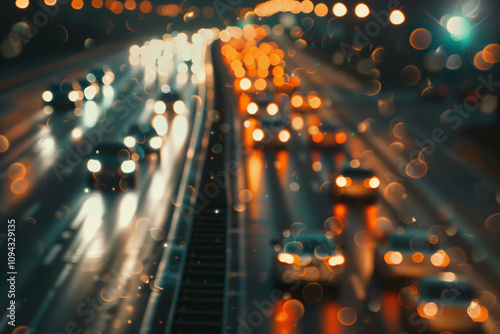 Background screensaver of blurry headlights of cars in the city photo