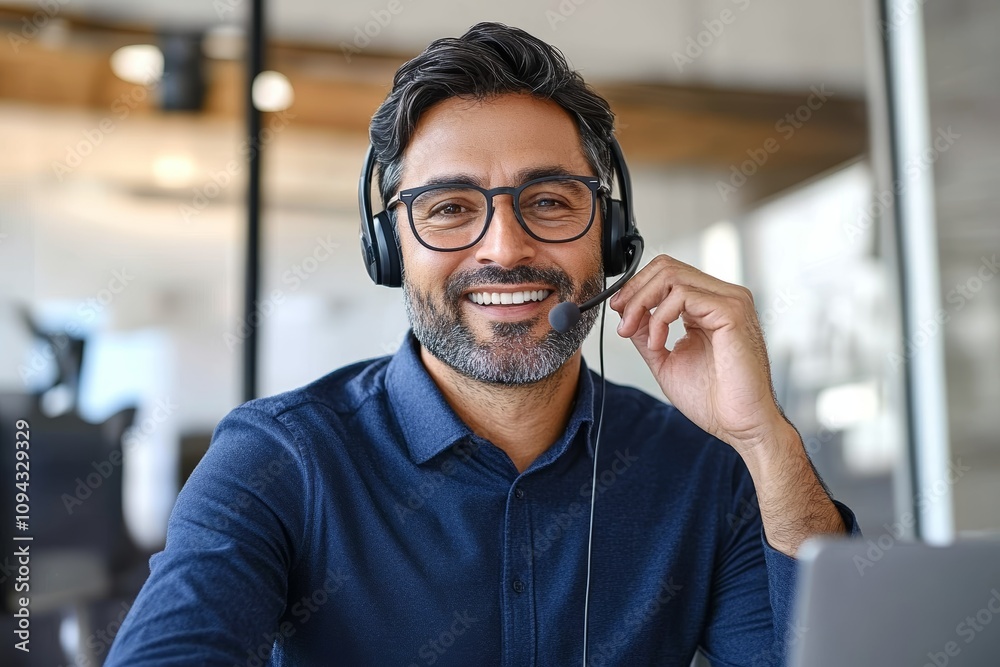 Happy call center agent wearing headset talking to client in customer support office with laptop Happy call center agent wearing headset talking to client in customer support office with laptop