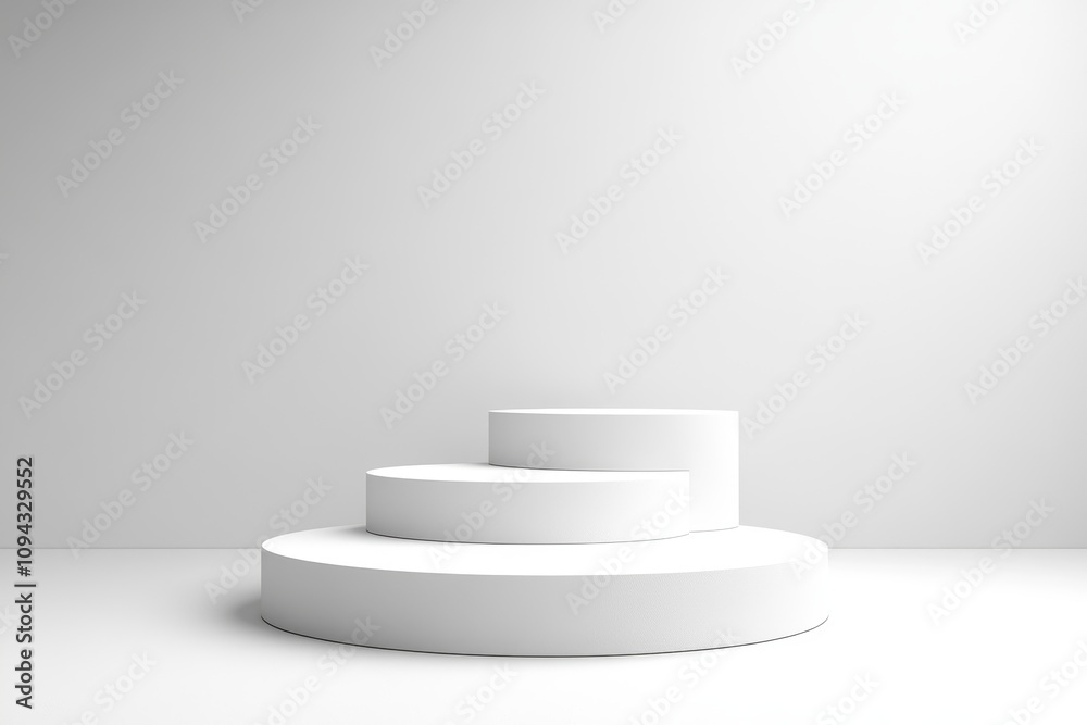 Minimalist Three Tiered Circular Platform Display on Light Grey Background with Smooth Glossy Surface