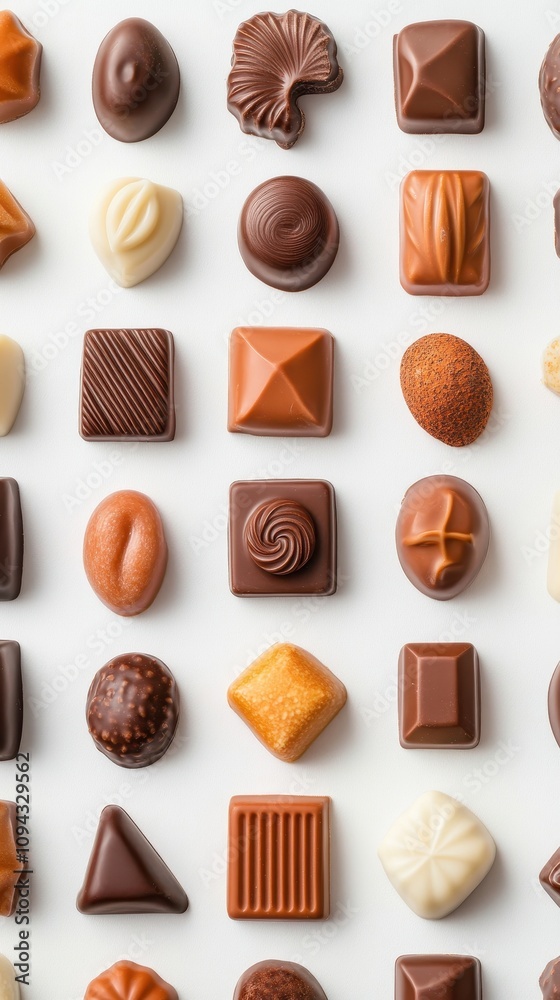 Close-up of colorful Belgian chocolates in various shapes on a simple backdrop Close-up of colorful Belgian chocolates in various shapes on a simple backdrop