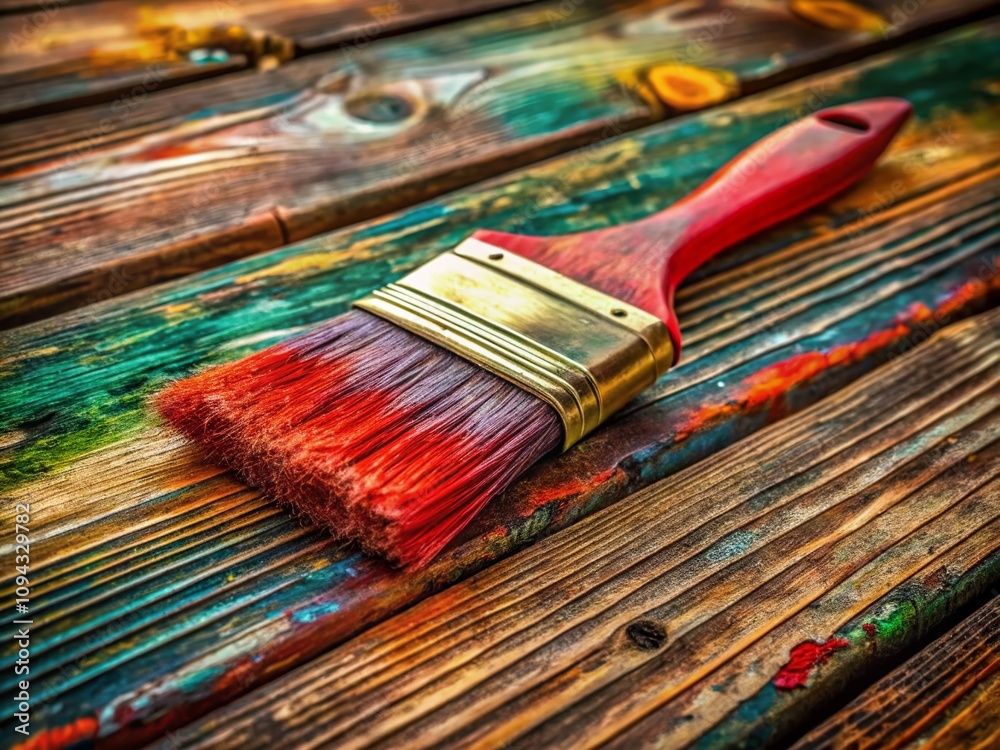 Fototapeta premium A weathered wooden plank cradles a lone paintbrush, ready to create.
