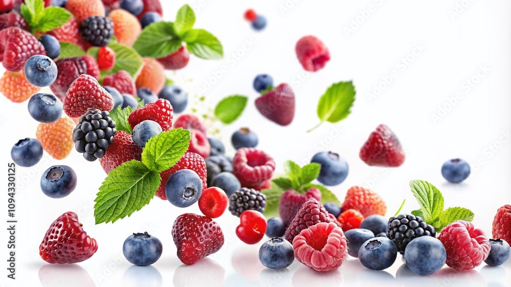 Berries Falling Mid-Air - White Background, Copy Space Berries Falling Mid-Air - White Background, Copy Space