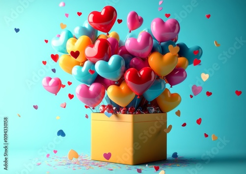 Colorful Heart Balloons Fly from a Gift Box Surprise Celebration