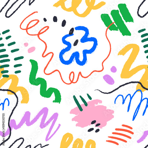 Scribbles and doodles, seamless pattern with colorful squiggles. Abstract endless background, texture design repeating print with line drawings, creative elements. Hand-drawn vector illustration