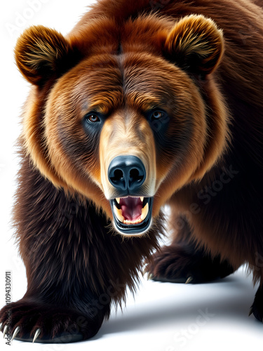 Intense brown grizzly bear fulllength portrait on white background photo